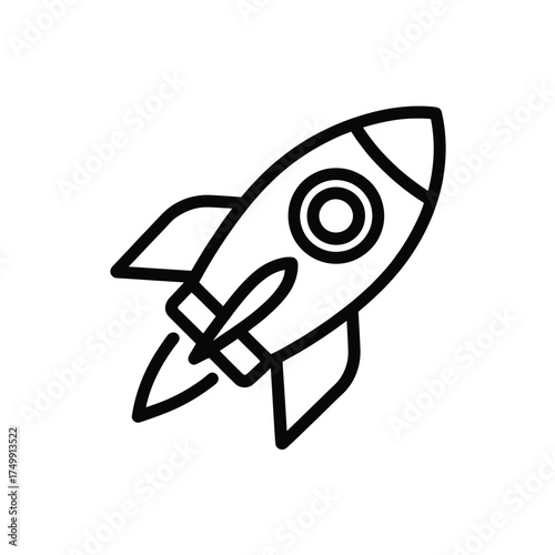 Simple hand drawn outline of a rocket ship launching into space on a white background