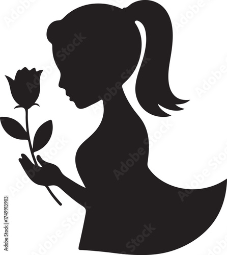Elegant silhouette of a young woman with a ponytail holding a single rose to smell its fragrance