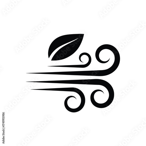 Stylized black leaf and swirling wind symbol on white background