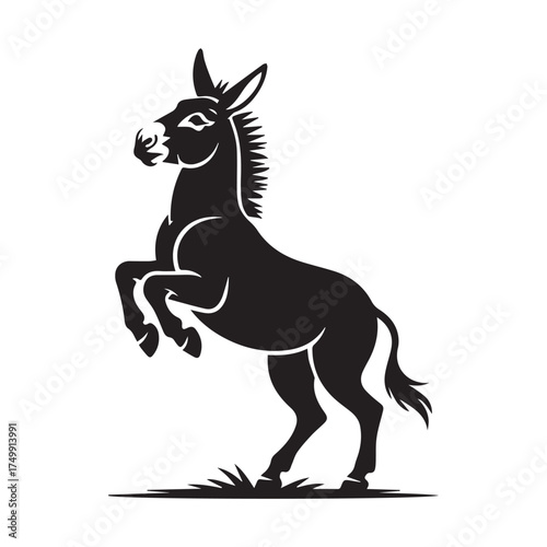 Vector art of silhouette of a donkey standing on its hind legs, , showcasing its strong and sturdy build in black