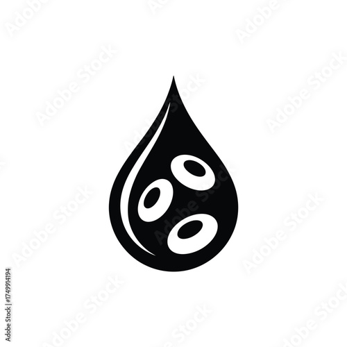 Stylized black ink drop with three white circular elements inside