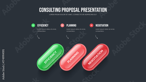 Advertising Portfolio 3 Option Infographic Frame Design. Modern Innovation Three Step Diagram Slide Layout. Project Strategy Slideshow Template Vector Illustration.
