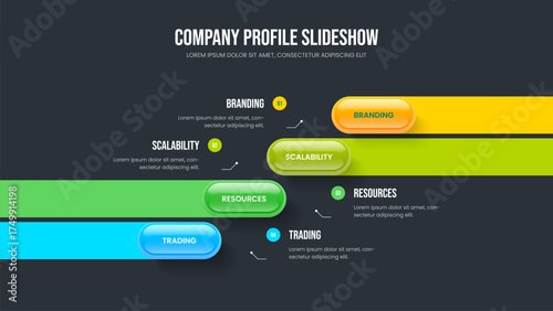 Consulting Planning Slideshow Design Vector Illustration. Visual Visualization Four Element Diagram Frame Layout. Corporate Campaign 4 Step Infographic Presentation Template.