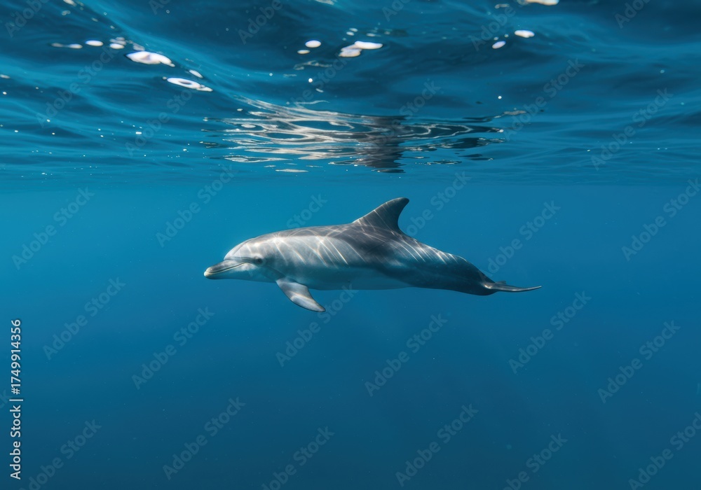 Naklejka premium Dolphin Swimming Gracefully Underwater in Sunlight