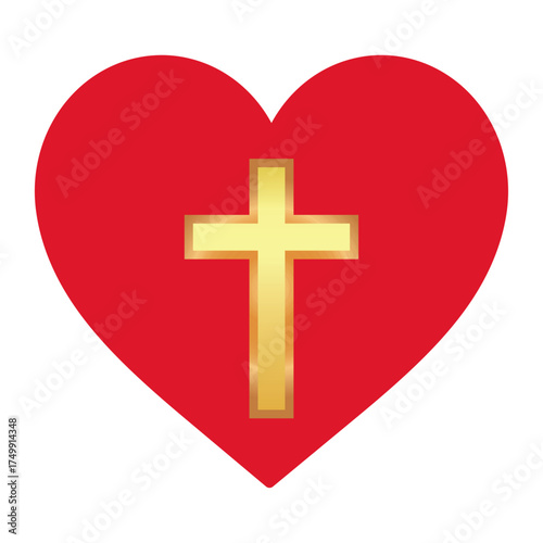 Red heart with gold shiny cross inside. Jesus love symbol. God vector illustration. Catholic symbol flat vector, golden cross inside a heart. Symbol of Christian cross inside heart shape.