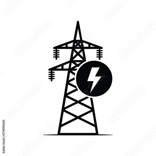 Black and white illustration of an electricity pylon with a lightning bolt symbol
