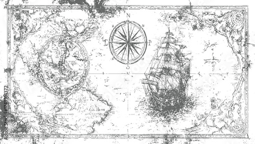 Old world map with sailing ship and compass vintage nautical