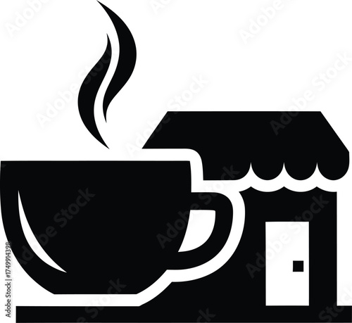 Coffee shop icon with steaming cup and building