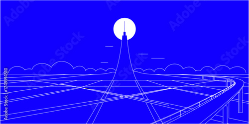 Minimalist vector illustration of a cityscape at night featuring a bridge and full moon ideal for website backgrounds or graphic design projects