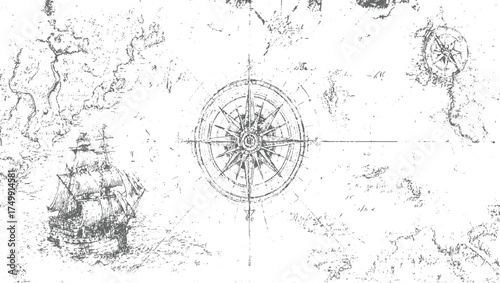 Sailing ship compass rose map antique nautical