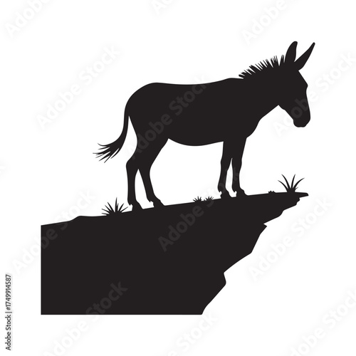 Vector art of silhouette of a donkey standing on the edge of a cliff, , creating a dramatic and symbolic image