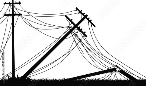 Silhouette of collapsed utility poles with sagging wires, damaged infrastructure, electricity outage, disaster aftermath, rural landscape, high voltage grid