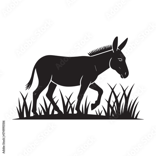 Vector art of silhouette of a donkey walking in the grass on a, creating a striking contrast and emphasizing the subject