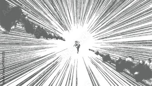 Lone figure walking towards bright light amidst abstract streaks person