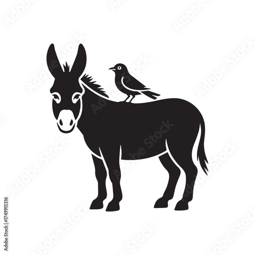 Vector art of silhouette of a donkey with a bird on its back on a, creating a striking contrast and emphasizing the subject
