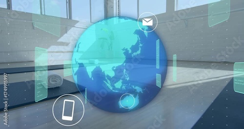 Sunlight initiating hologram with icons and UI panels emerging over yoga mats for network view