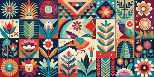 Floral mosaic tile pattern vector illustration in geometric art style for textile design