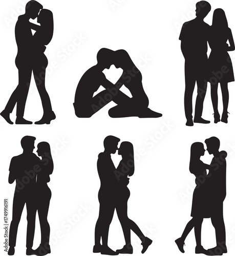 Collection of romantic couple silhouettes in various embrace and kissing poses silhouette