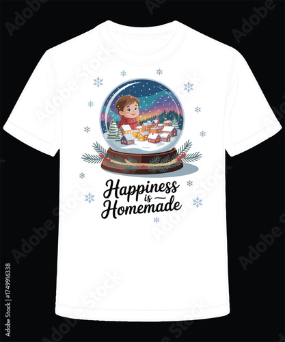 Winter scene snow globe with boy on T shirt template design