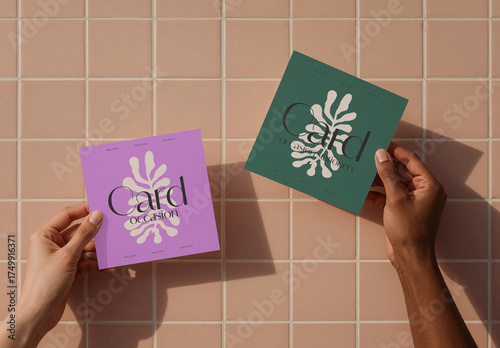 Modern Greeting Card Mockup with Brown Tiled Background