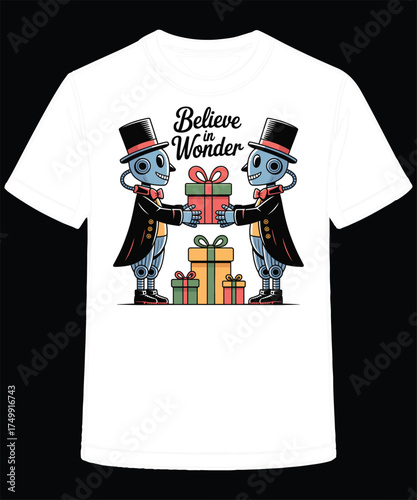 Believe in Wonder T shirt Design with Two Festive Robots