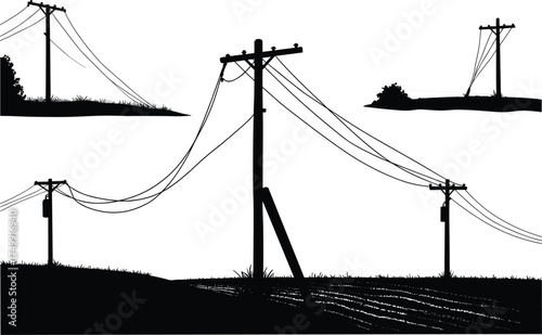 Silhouette of rural utility poles with grassy terrain, perspective depth, electricity distribution, suburban infrastructure, industrial landscape, high voltage grid