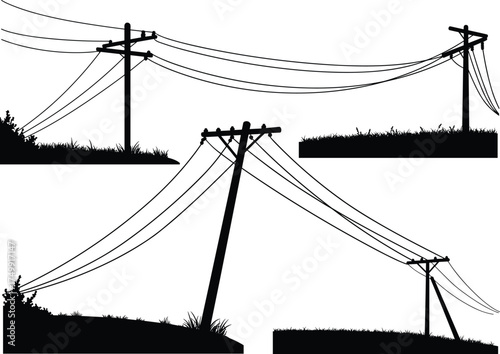 Silhouette of rural utility poles with grassy terrain, leaning structures, sagging wires, electricity distribution, suburban infrastructure, high voltage grid