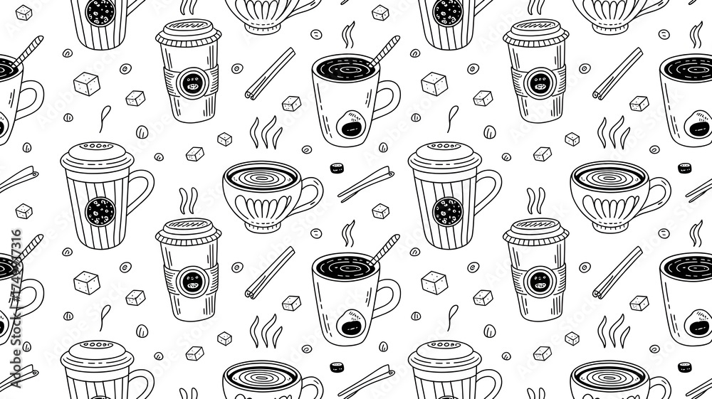 Coffee Time Seamless Pattern Background with Cups Mugs Beans and Sugar Cubes Drawing