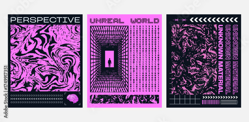 Y2K glitch pixelated retro brutal poster set.Pixel art,abstract bold futuristic designs for posters, streetwear prints,digital designs.Vector