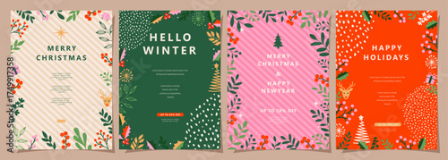 Set of Merry Christmas and Happy New Year background. Greeting and invitation card, web banner, holiday cover, flyer, poster design templates. Modern flat vector illustration.
