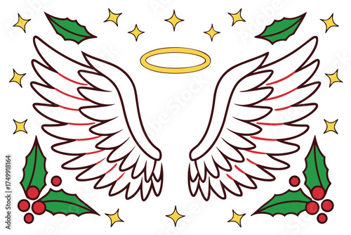 Vector art of angel wings with halo, holly and stars