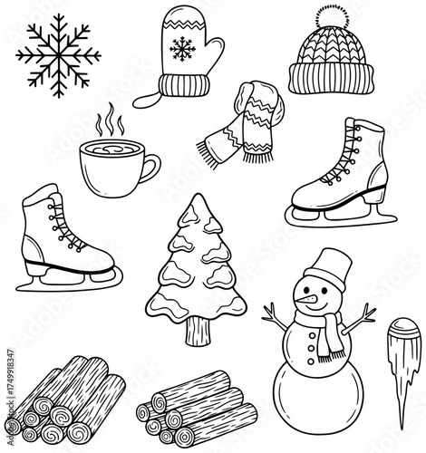 Cozy winter season illustrations showcasing festive holiday activities and snug warmth