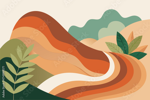 Abstract geothermal bloom landscape with warm earth tones and organic flowing shapes evoking natural energy and serenity