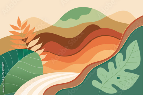 Abstract landscape art with rolling hills flowing lines organic shapes and verdant foliage in earthy tones