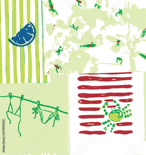 Summer coquette berry and fruits seamless pattern. Preppy wallpaper, hand drawn ribbons and bows patchwork print. Garden vector illustration, checkered romantic background, textile design, plaid.
