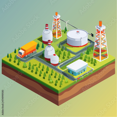 Isometric Industrial Oil Refinery and Logistics Hub with Truck Storage Tanks and Cooling Towers Vector Illustration