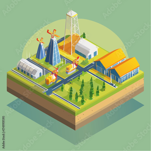 Isometric Industrial Complex with Wind Turbines Oil Rig and Factory Buildings Sustainable Energy and Resource Extraction Concept