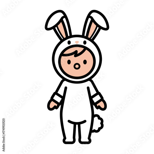 Child in a white bunny costume with ears and tail illustration.