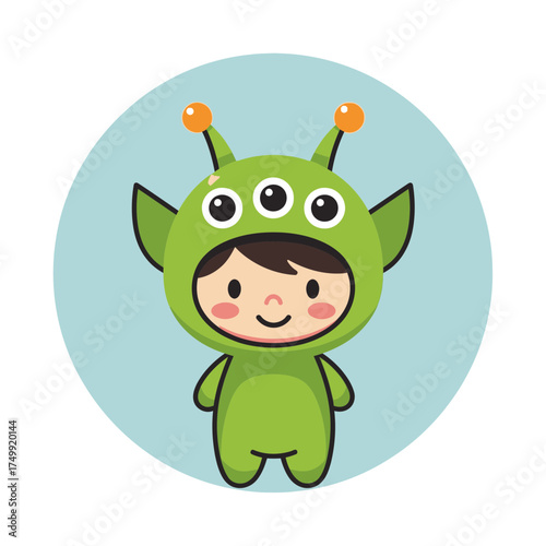 Child in green alien costume with three eyes and antennae illustration.