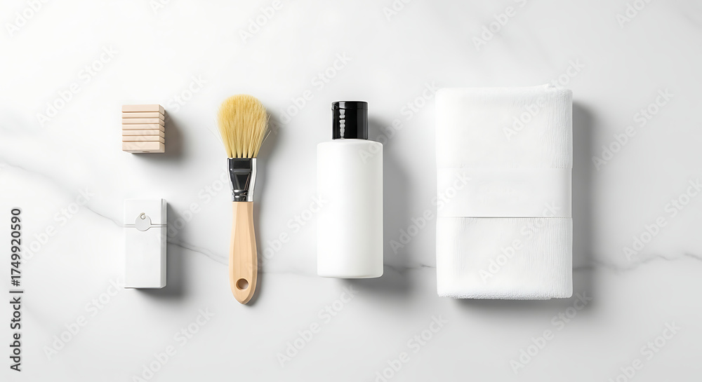 Naklejka premium Minimalist flat lay of bathroom essentials on a white marble background