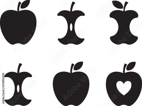 Apple Icons Whole Eaten Heart Cutout Silhouette Black bite core