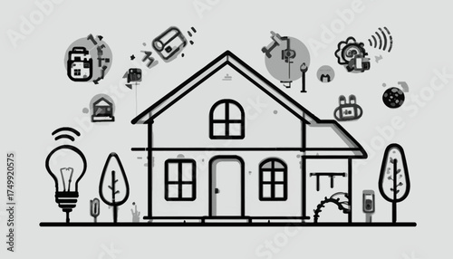 Smart home automation system line art vector illustration of connected devices for modern living and energy efficiency