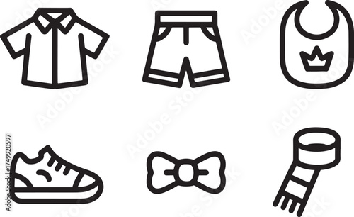 Baby clothing and accessories icons including shirt, shorts, bib, shoe, bow tie, scarf apparel collared