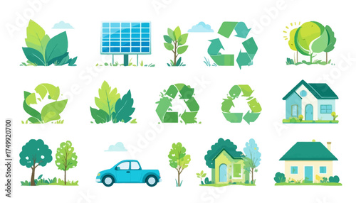 Set of ecology icons green energy and recycling symbols flat vector design elements for sustainable living and environmental awareness
