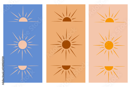 An abstract hand-drawn image of a sun with rays. Sun-shaped icons and stickers with rays on various backgrounds in vibrant colors. Bookmarks, screensavers, banners, and stickers.