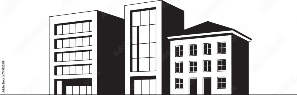 Fototapeta premium Black and white illustration of three buildings with different architectural styles Keywords