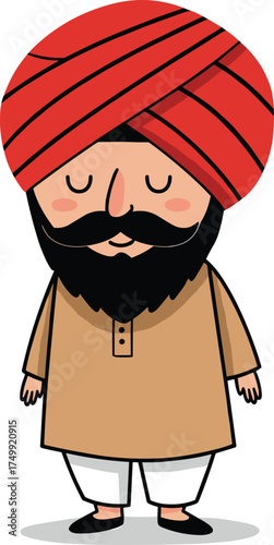 Traditional South Asian man in red turban and brown kurta, cultural character illustration for educational, ethnic, heritage, and festive themes