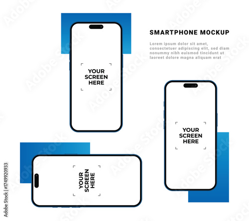 Smartphone 3d mockups with empty white screens featuring app design template
