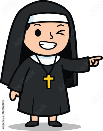 Playful Cartoon Nun Character in Traditional Habit Pointing and Winking with Cross Necklace – Fun Religious Vector for Education and Humor