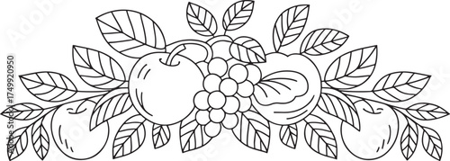 Black And White Line Drawing Of Fruits And Leaves Garland apple grape